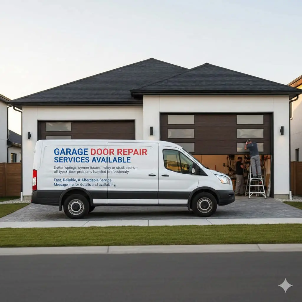 Garage door repair service van parked outside residential home with technicians repairing garage door in Hopkins MN