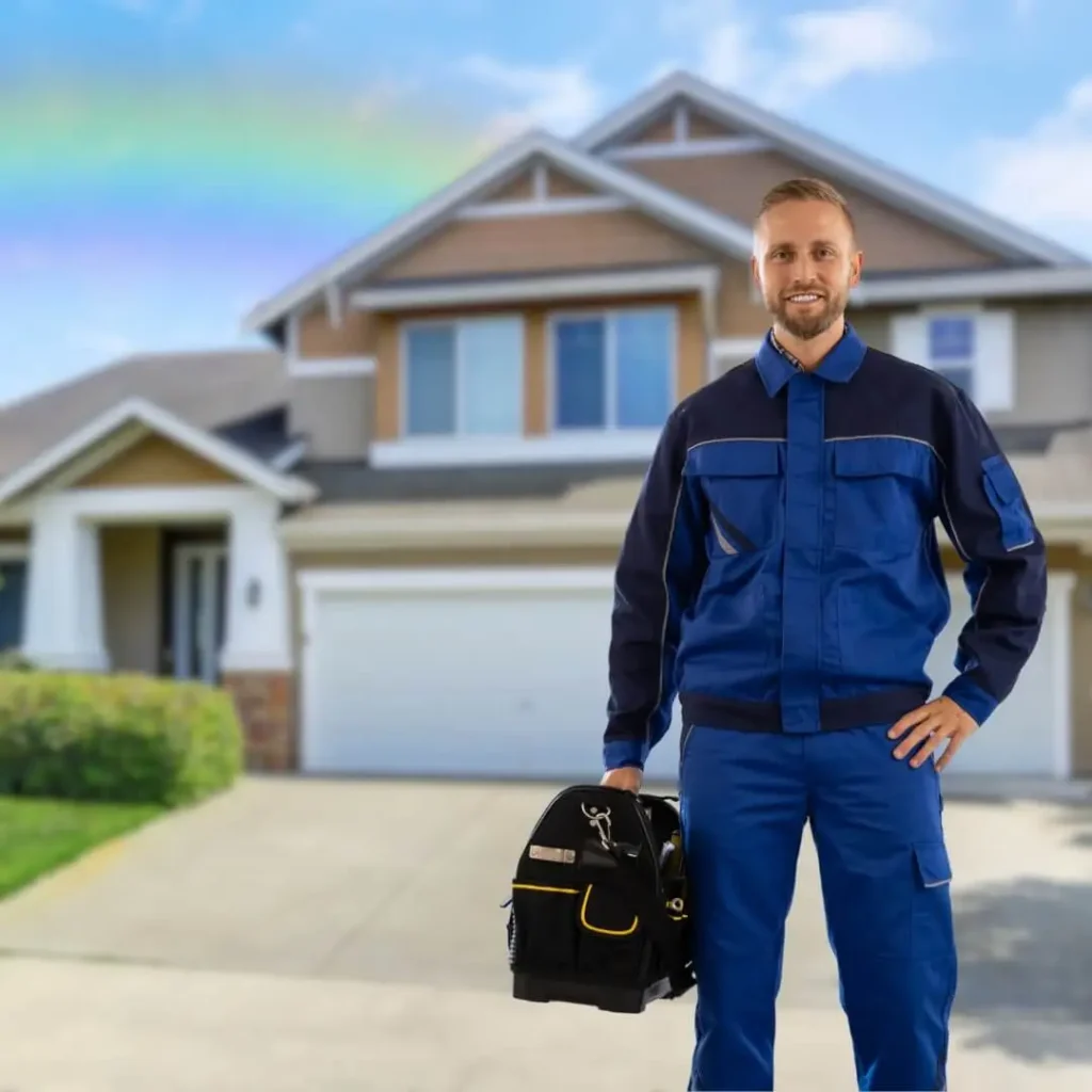 Professional garage door repair technician with tool bag standing in front of a residential home in Hopkins MN