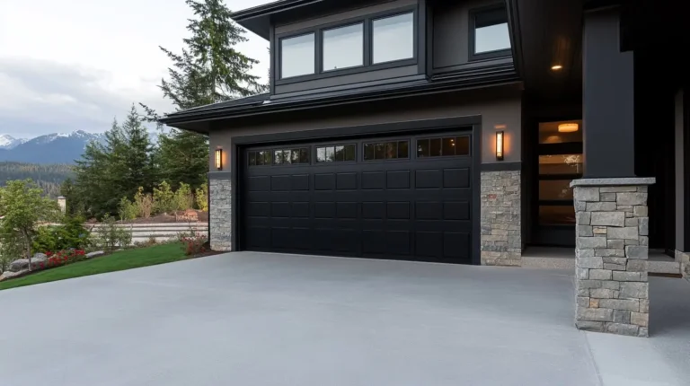 New black garage door installation on a modern luxury home with stone exterior